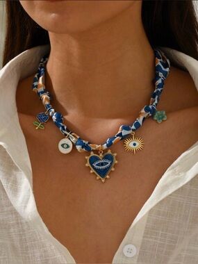 Blue Heart Charm Necklace with Mixed Charms - Women Jewelry